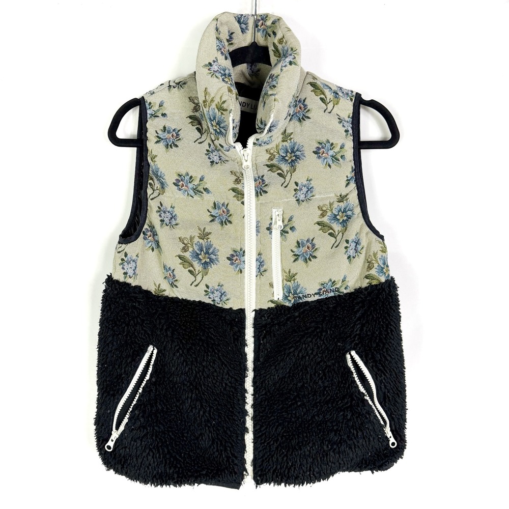 Sandy Liang Dove Faux Shearling Vest Floral Sherpa Fleece Black Beige Sz S - Picture 6 of 13